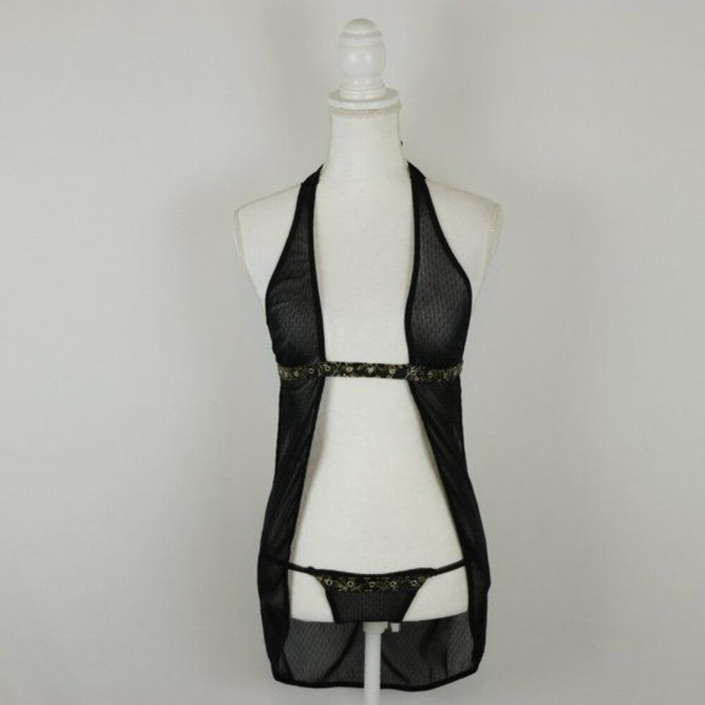 Elegant Moments Women's Small Black Mesh 2 Piece Lingerie Set